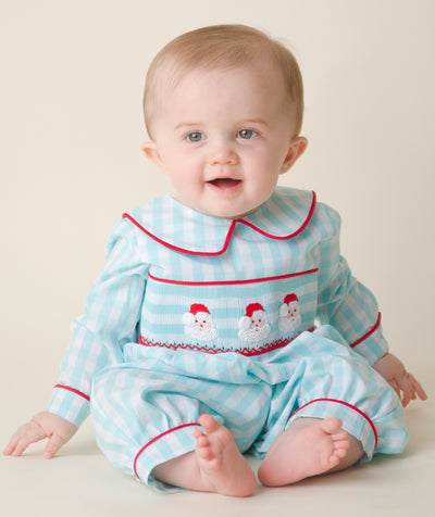 SANTA SMOCKED COLLARED BOY ROMPER AQUA GINGHAM