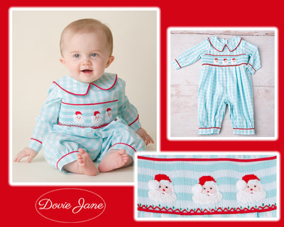 SANTA SMOCKED COLLARED BOY ROMPER AQUA GINGHAM