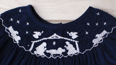 BABY JESUS NATIVITY SMOCKED DRESS NAVY