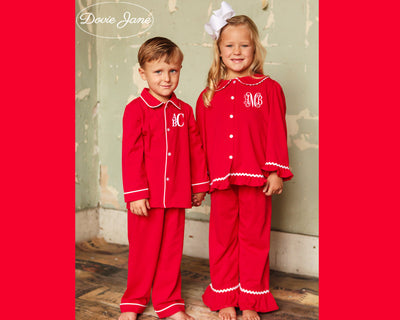 RED CHRISTMAS GIRL RUFFLE PANTS SET PERSONALIZED MONOGRAM