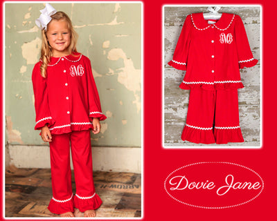 RED CHRISTMAS GIRL RUFFLE PANTS SET PERSONALIZED MONOGRAM