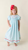 SANTA SMOCKED BISHOP DRESS AQUA GINGHAM