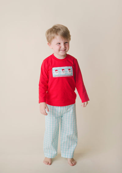 SANTA SMOCKED PANTS SET RED KNIT SHIRT AQUA GINGHAM