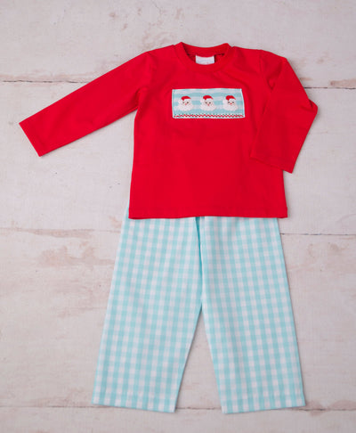 SANTA SMOCKED PANTS SET RED KNIT SHIRT AQUA GINGHAM