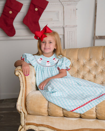 SANTA SMOCKED BISHOP DRESS AQUA GINGHAM