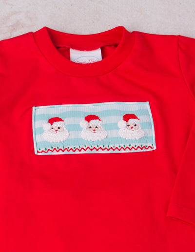 SANTA SMOCKED PANTS SET RED KNIT SHIRT AQUA GINGHAM